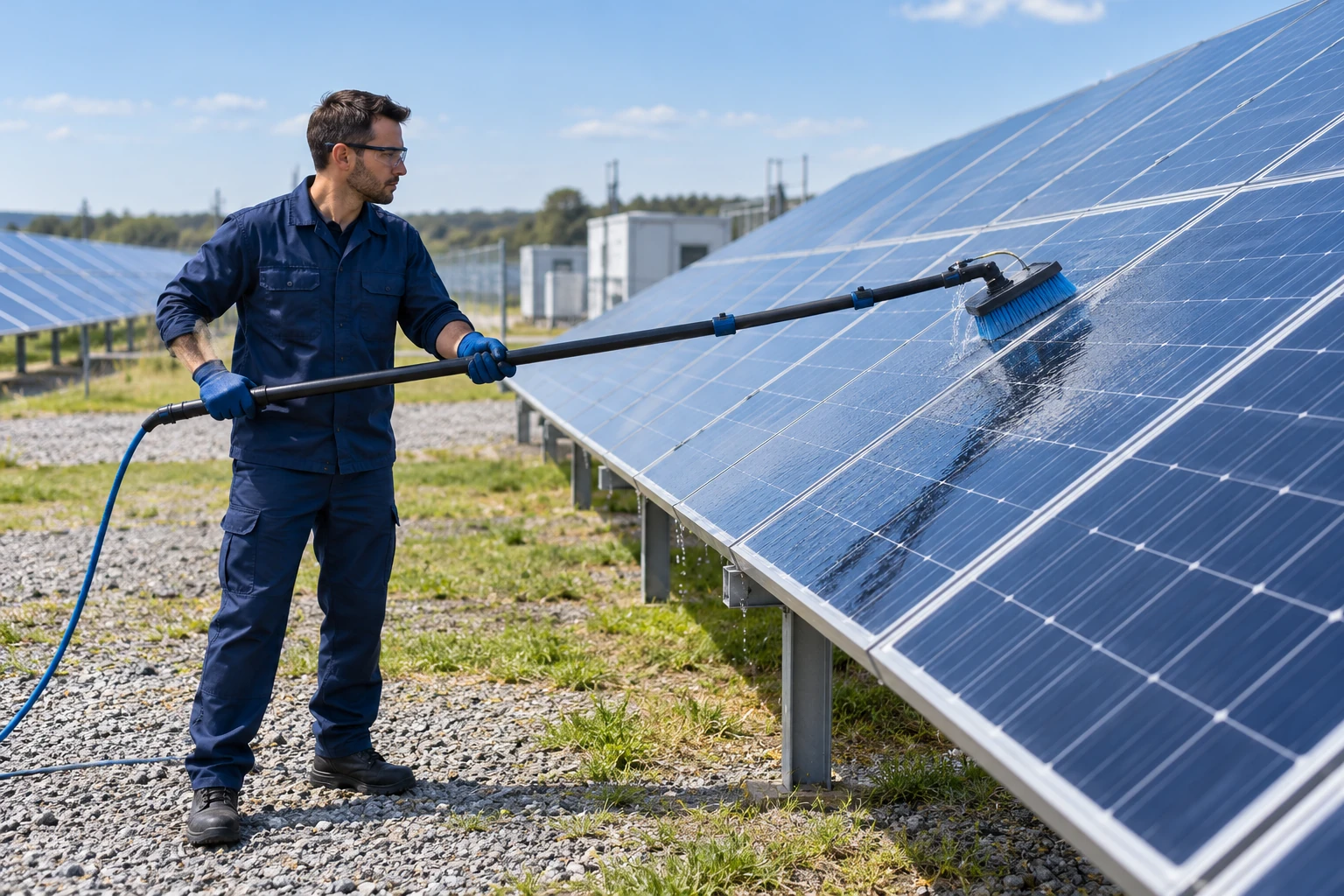 Lavado ilustrativo de paneles solares con cepillo suave y agua