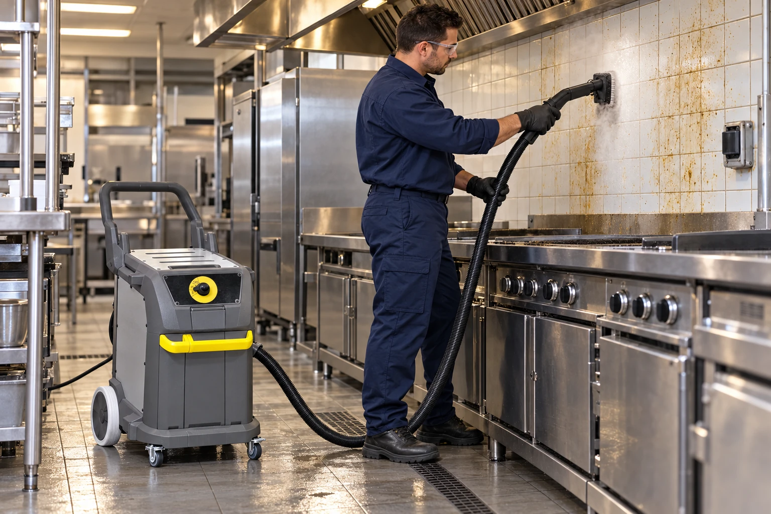 Imagen ilustrativa de limpieza con vapor en una pared de cocina industrial, con técnico de uniforme azul marino y equipo de aspiración